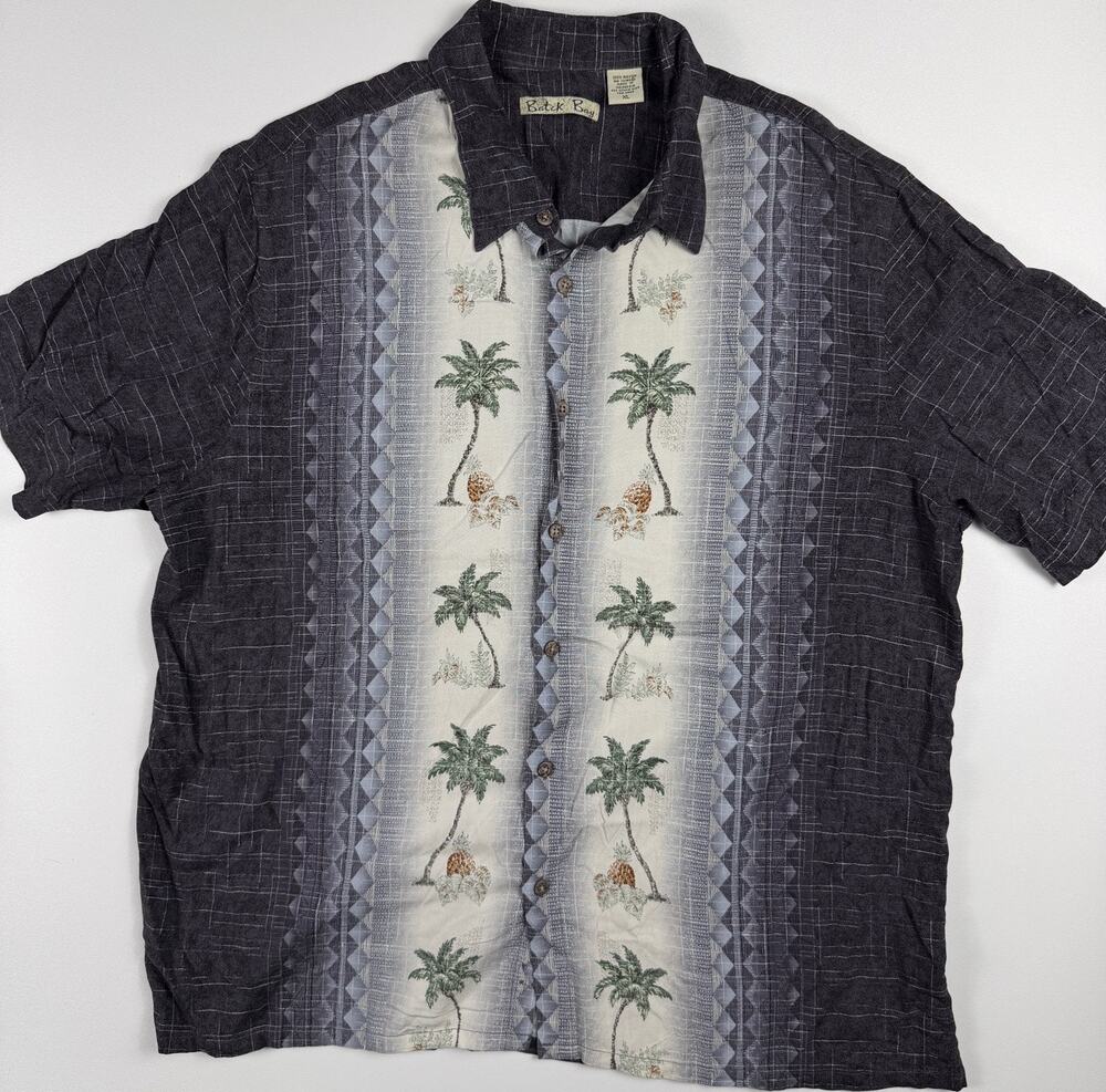 Batik Bay Mens XL Hawaiian Camp Shirt Gray Palm Tree Rayon Button Front